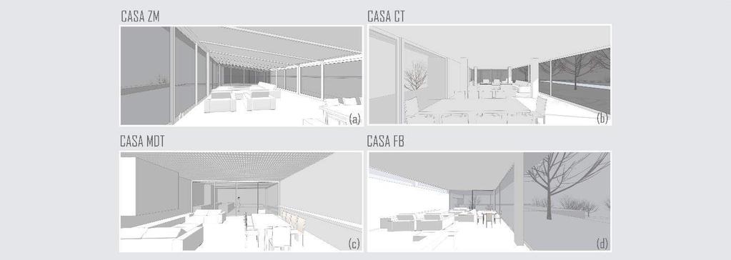 Figura 11: Sala. (a) Residência ZM, 2005.; (b) Residência CT, 2008;(c) Residência MDT, 2008.; (d) Residência FB, 2011. Bernardes e Jacobsen Arquitetura Fonte: BAUMANN, Rafael, 2015.