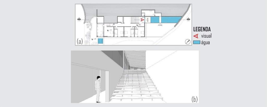 com O hall de entrada é um espaço de estímulos multidirecionais horizontalmente, se antevê o corredor íntimo e a sala de TV vislumbrada entre os degraus da escala; verticalmente, o pé-direito duplo e