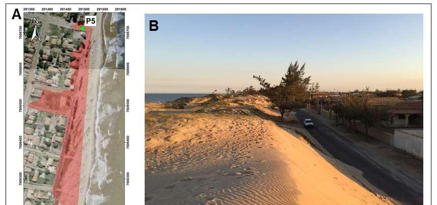 Interação Morfodinâmica entre Praia e Duna Frontal no Delta do Rio Paraíba do Sul (RJ) Figura 9 - (A) Mapeamento das dunas no ano de 2016, sob a Ortofoto do ano de 2005.