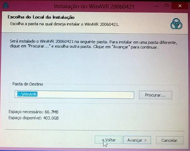 Figura 3 Pasta de destino WinAVR A figura 3 mostra o local de instalação do WinAVR que não deve ser alterado pois isso fará com que o editor ladder não consiga fazer a compilação do programa para