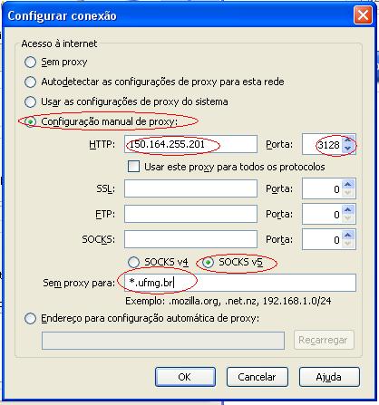 3) Na janela Configurações de Conexão clique em Configuração manual de Proxy. No campo HTTP digite: 150.164.255.201.