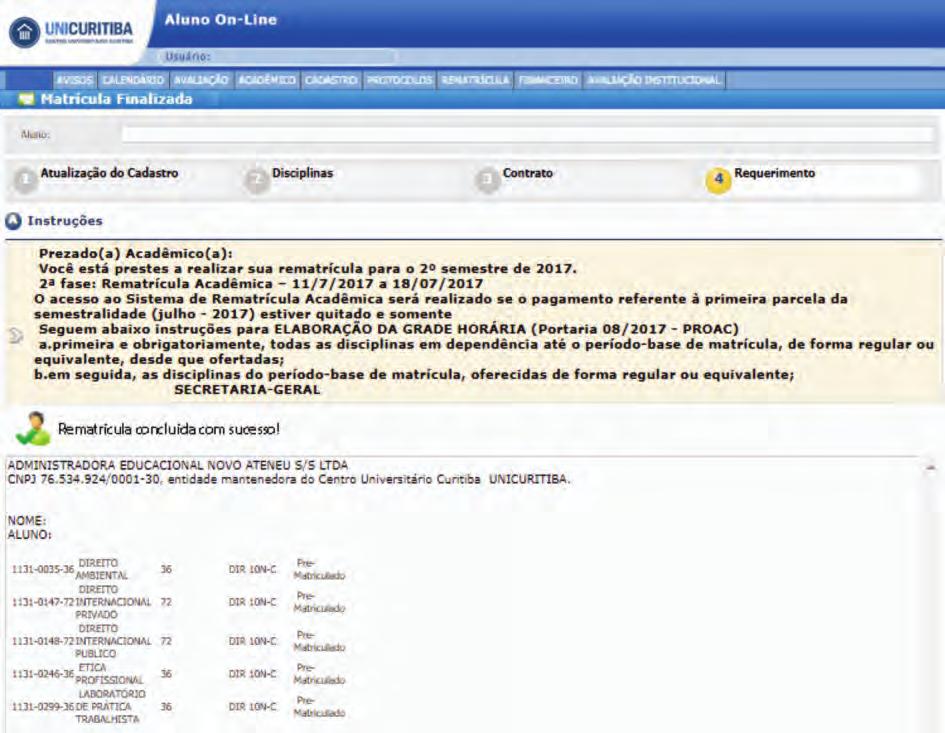 requerimento com informações das disciplinas confirmadas, o