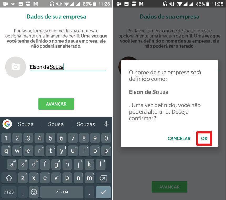 Instalação e configuração telefone fixo 7. Na tela seguinte, digite o nome da sua empresa, acrescente uma foto e toque em avançar; 8.