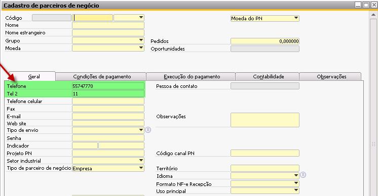 inserida no campo Tel 2 deve ser o DDD e no campo Telefone
