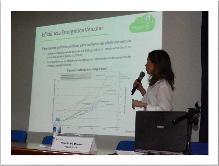 A palestrante citou algumas formas de políticas públicas para aumento da eficiência veicular como: elaborar metas de emissões, rendimento e consumo de