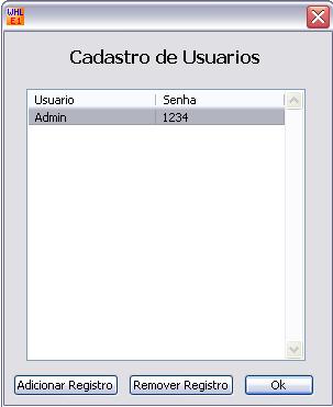 A janela Cadastro de Usuarios (figura abaixo) é aberta onde pode-se ver todos os usuários já cadastrados, caso o Administrador tenha feito o login, ou apenas o usuário que tenha feito o login. 2.1.