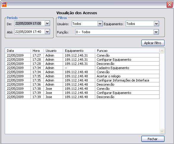 Com todas as seleções feitas, deve-se pressionar o botão Aplicar filtro. Os acessos que satisfaçam as condições estabelecidas são mostrados no campo de Dados.