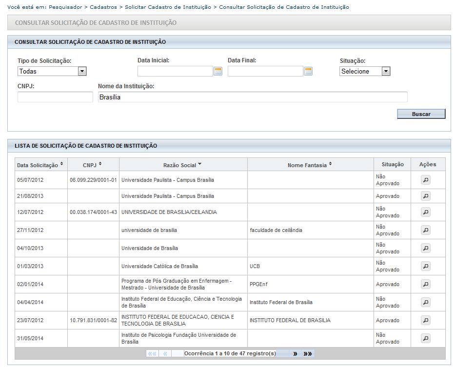 Os cadastros de instituição têm o prazo de cinco (5) dias úteis para serem validados. Para uma busca mais ampla, selecione a opção Todas.