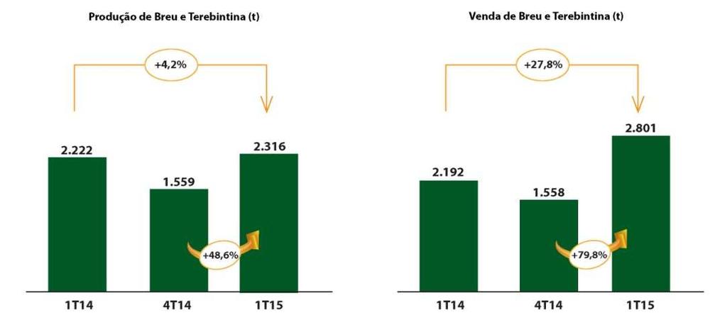 Segmento Florestal RS e Resinas O segmento Florestal do Rio Grande do Sul produziu e comercializou no 1T15, 11 mil metros cúbicos de toras de pinus para o mercado local (32 mil metros cúbicos no