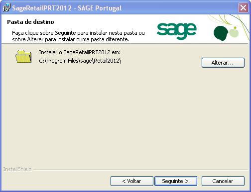 A rotina de instalação avança sugerindo a directoria C:\Programas\Sage\Retail2012\ como sendo a localização onde será instalada a aplicação.