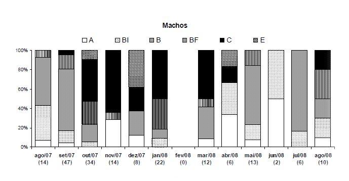 74 Acta Biol. Par., Curitiba, 47 (3-4): 69-84. 2018. Fig. 4. Frequência relativa de ocorrência dos estágios de maturação gonadal em machos de C. parallelus da Baía de Guaratuba.