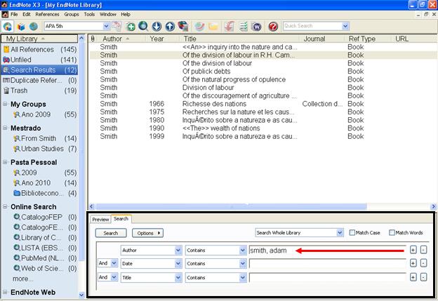 PESQUISAR REFERÊNCIAS NA BIBLIOTECA - A pesquisa é feita na janela em baixo e os resultados aparecem na janela