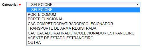 Identificação do passageiro : Selecionar a categoria do porte de arma do