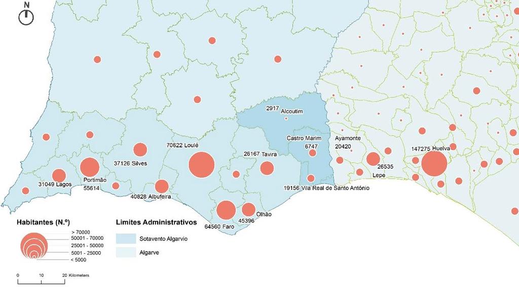 Enquadramento Ponto central entre os cerca de 420 000 habitantes para poente (Algarve) e cerca de 520 000 habitantes para nascente (província de Huelva); O eixo da