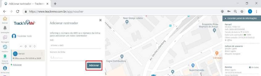 4 - Adicionar rastreador Ao Clicar, você pode adicionar um novo rastreador informando o número do Imei e o Número da linha (veja a imagem abaixo).