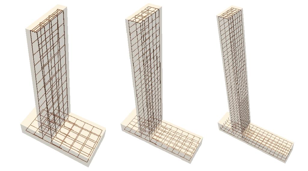 57 Figura 43 - Armaduras muros de flexão: 2,5m, 4,5m e 6,5m. A Figura 44 apresenta os muros dimensionados em vista 3D, onde é possível visualizar as armaduras de aço CA-50, com bitolas de Ø10 e Ø12.