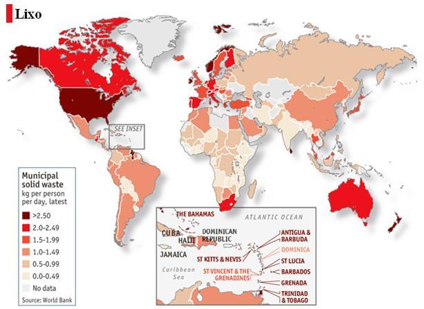 Figura 123: Geração Per Capita Mundial Fonte: Banco Mundial Em 2012, a União Europeia estimou, que se adotando completamente a legislação ideal sobre resíduos, no final da década teriam sido