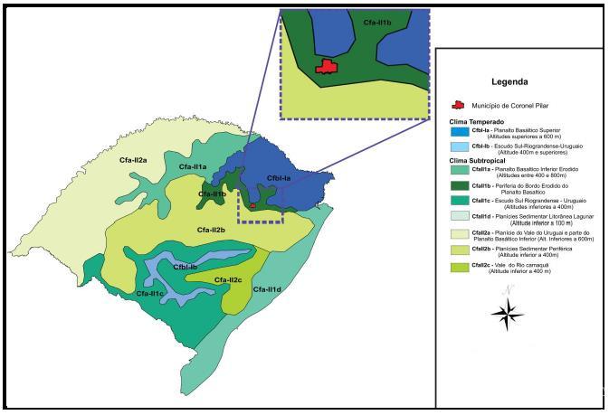 4.4.3 Aspectos Físicos e Ambientais 4.4.3.1 Clima O clima de Coronel Pilar é classificado, segundo o método de Köeppen, como Cfa, clima temperado úmido com verão quente.