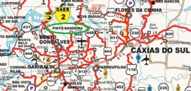 Figura 80: Recorte do Mapa Viário do RS Fonte: DAER/RS Abaixo está o sistema viário de Pinto Bandeira, as vias representadas na cor vermelha, são estradas de chão batido e representam 91,34 Km, as em