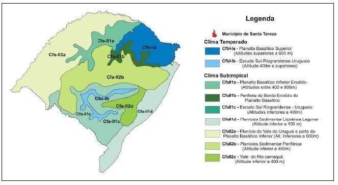 4.10.3 Aspectos Físicos e Ambientais 4.10.3.1 Clima O clima no Município é classificado como subtropical, graças a sua topografia irregular, que causam altitudes variadas.