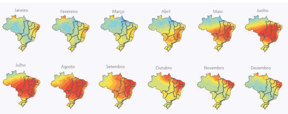 Distribuição média mensal das chuvas no Brasil (período de 1961 a 2007).