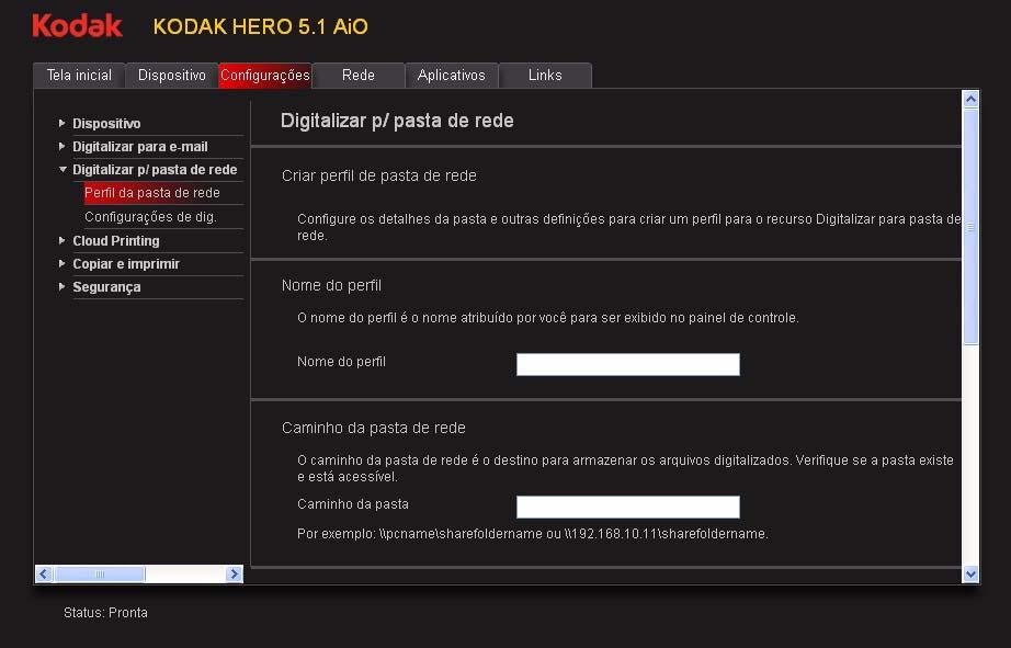 Impressora Multifuncional KODAK HERO 5.1 Como adicionar um perfil de pasta de rede Para adicionar um perfil de pasta de rede que você possa acessar do painel de controle: 1.