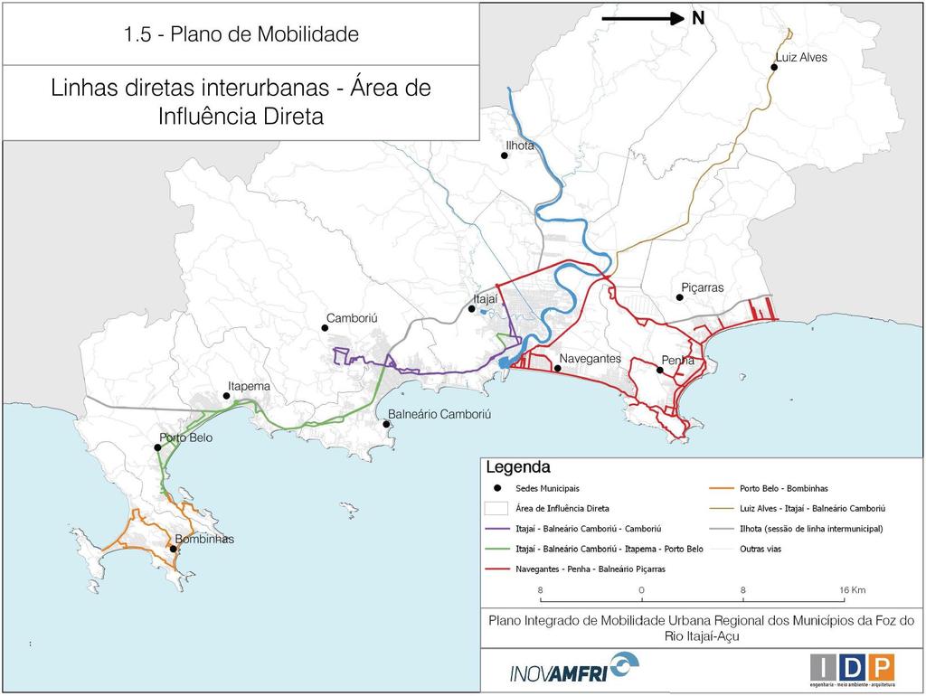 Figura 39 Mapa das ligações interurbanas Elaborado: IDP Brasil É possível notar a influência do rio Itajaí-Açu como condicionante no caso do transporte coletivo interurbano na região, pois existe