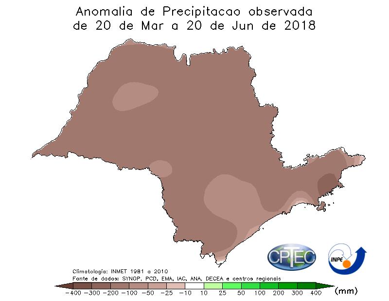 Figura 2 - Precipitação total acumulada entre março (após dia 20), abril, maio e junho (até dia 19) de 2018, em cidades do Vale do Paraíba e Litoral Norte de São Paulo. Fonte: INMET e ICEA.