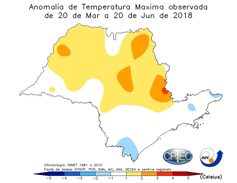 Figura 5 Anomalia de temperatura mínima (esquerda) e máxima (direita) entre os