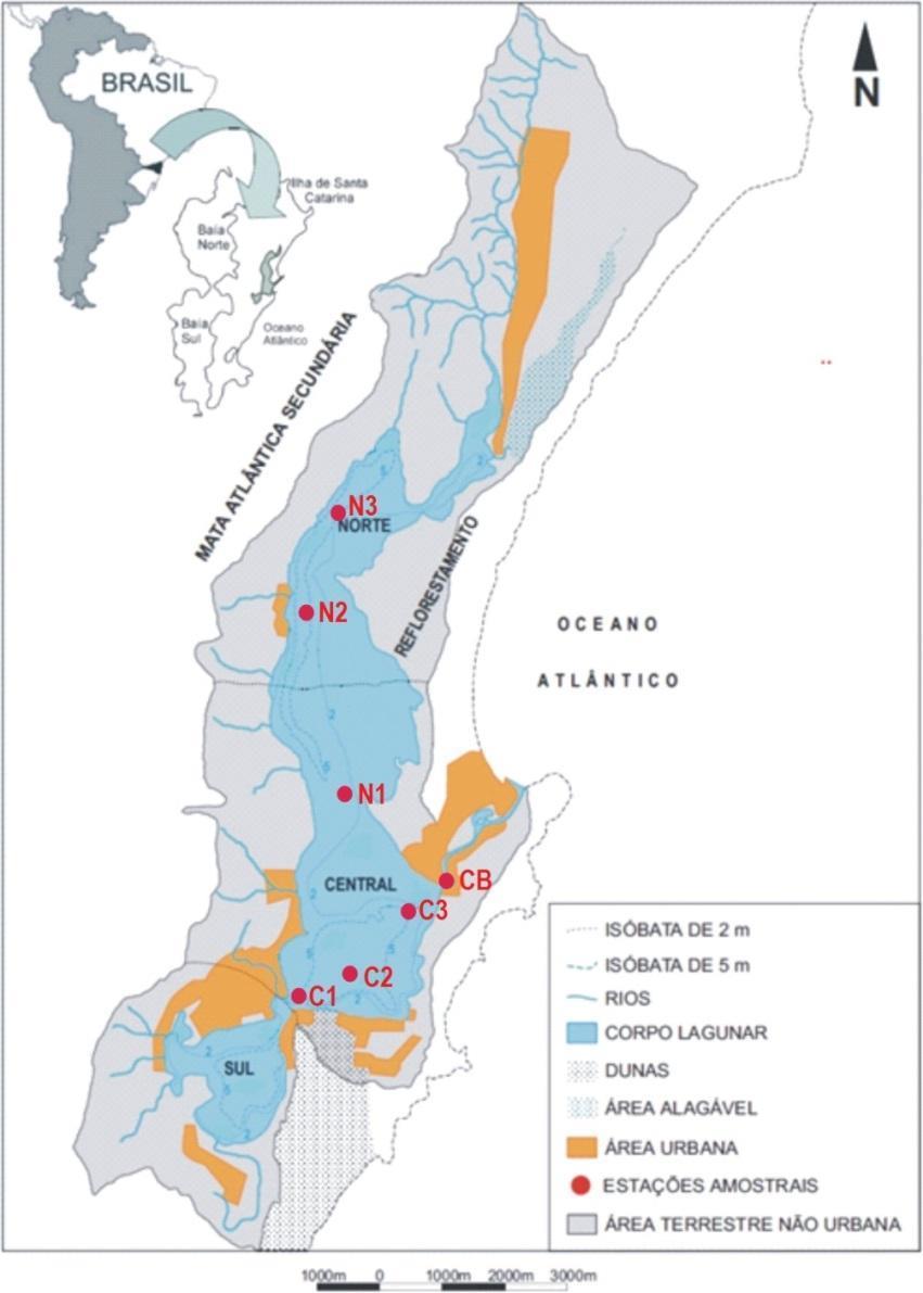 3 Figura 1: Bacia de drenagem da Lagoa da Conceição, Ilha de Santa Catarina (SC). Localização das estações amostrais ao longo das regiões Central, Norte e Canal da Barra da Lagoa.
