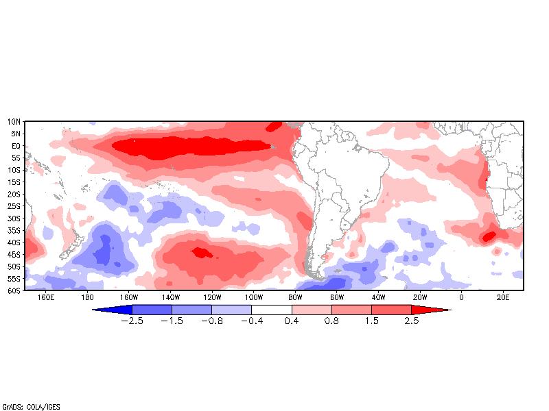 No oceano Atlântico, as anomalias positivas enfraqueceram na costa da região sudeste do Brasil e