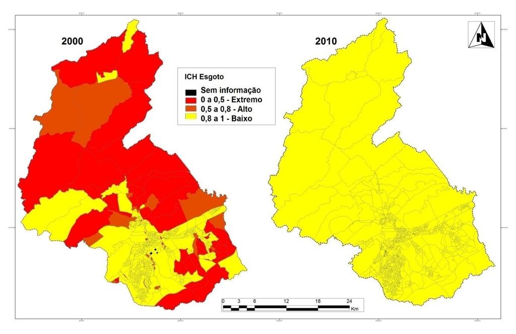 Figura 9 ICH Esgotamento Sanitário para o município de São Jose dos Campos para o ano 2000 e 2010 Fonte: IBGE, 2010.