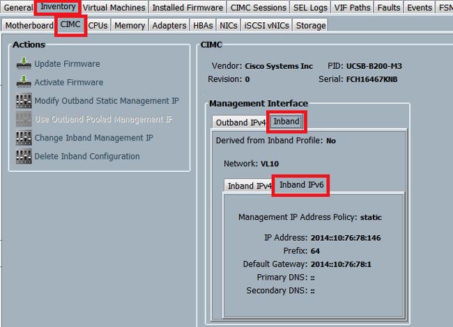 Este exemplo mostra como verificar os endereços do IPv6 que são atribuídos ao CIMC do UCSM CLI: FI-A# scope server 1/1 FI-A /chassis/server # scope cimc FI-A /chassis/server/cimc # show mgmt-iface