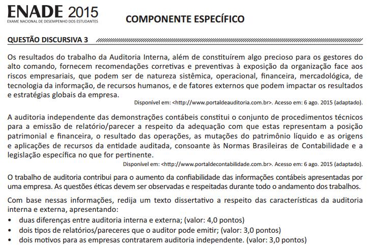 Ciências Contábeis PADRÃO DE RESPOSTA O estudante deve redigir um texto dissertativo, em que: Primeiro item: Auditoria Interna Auditoria externa Foco no controle interno da empresa Foco nas