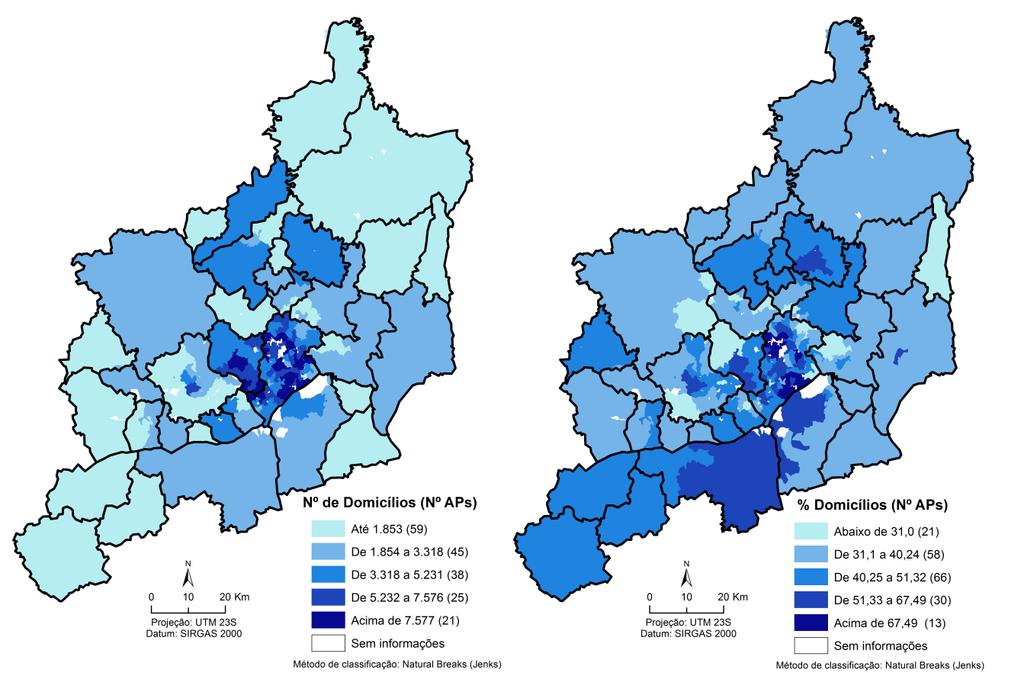 Fig. 2 Número e percentual de domicílios com pelo menos um automóvel nas áreas de Ponderação na RMBH em 2010 Fonte: Censo Demográfico 2010, IBGE.