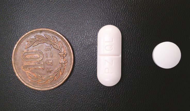 O candidato à nova formulação (direita) é um quarto do tamanho do praziquantel aprovado, comprimido de Cesol 600 mg (centro). A moeda de 10 yen (esquerda) tem um diâmetro de 2,35 cm ou 0,93 pol.