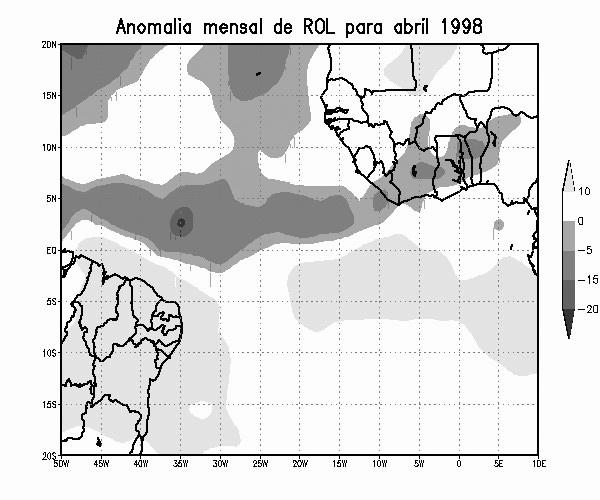 28 Manoel A. Gan et al. Volume 19(1) c) d) Figura 4: Anomalia mensal de ROL (W/m 2 ) para: a) março de 1998, b) março de 1999, c) abril de 1998, d) abril de 1999.