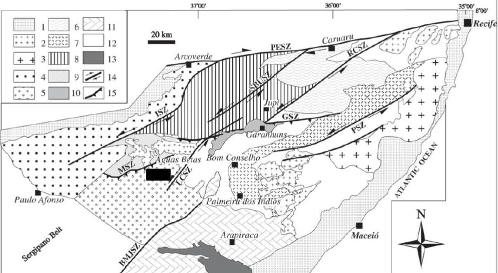 Charles Henrique Fernandes Sales das Neves et al. Figura 2: Mapa geológico simplificado do Domínio Pernambuco Alagoas (Silva Filho et al.