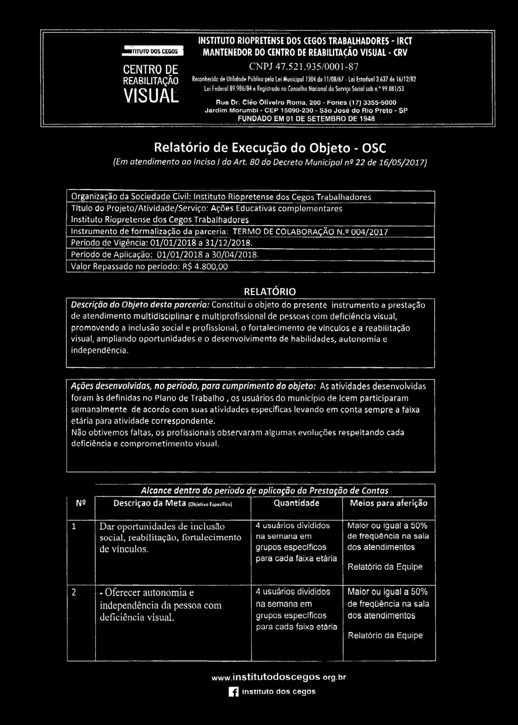 22 de 16/05/2017) Organização da Sociedade Civil: Instituto Riopretense dos Cegos Trabalhadores Título do Projeto/Atividade/Serviço: Ações Educativas complementares Instituto Riopretense dos Cegos