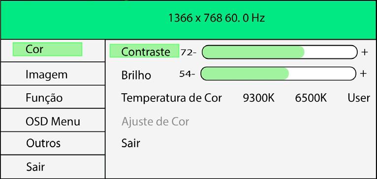 No menu Cor, é possível controlar o Contraste, o Brilho e a Temperatura de Cor do monitor.