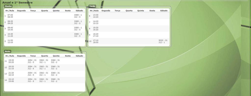 Horário de Aulas A consulta de horário de aulas tem como base informar ao aluno seus horários, com informações bem detalhadas.
