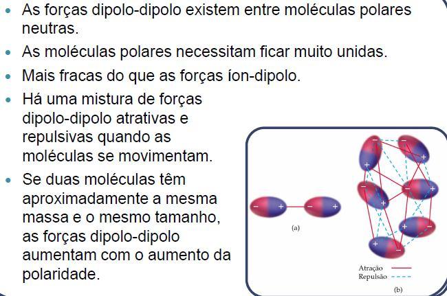 Interações Intermoleculares Forças entre Dipolos com Rotação Livre, de Keesom De manaeira análoga, em gases ou líquidos, naqueles há dipolos (permanentes), isto é, com rotação livre, os dipolos se
