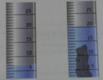 A massa da amostra é 37,5 g, e os níveis da água antes e depois da colocação de cada amostra na proveta são mostrados na figura.