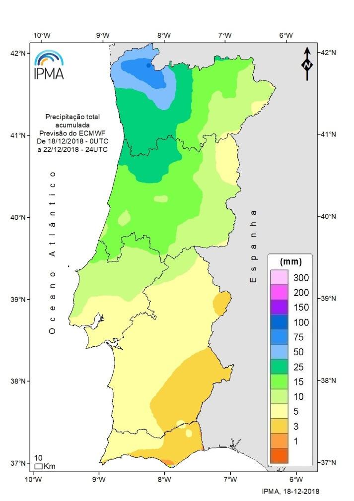 Figura 7 - Percentagem de água no solo (média 0-100 cm profundidade), em relação à capacidade de água utilizável pelas plantas a 30 novembro 2018, 00 UTC t+0, ECMWF-HRES (resolução 16 km).