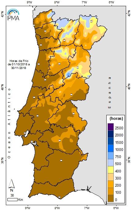 Quadro IV - Número de horas de frio entre 01 de outubro e 30 de novembro de 2018 Distrito Valor sede distrito V. Castelo 37 Bragança 394 Vila Real 205 Braga 99 Porto/P.