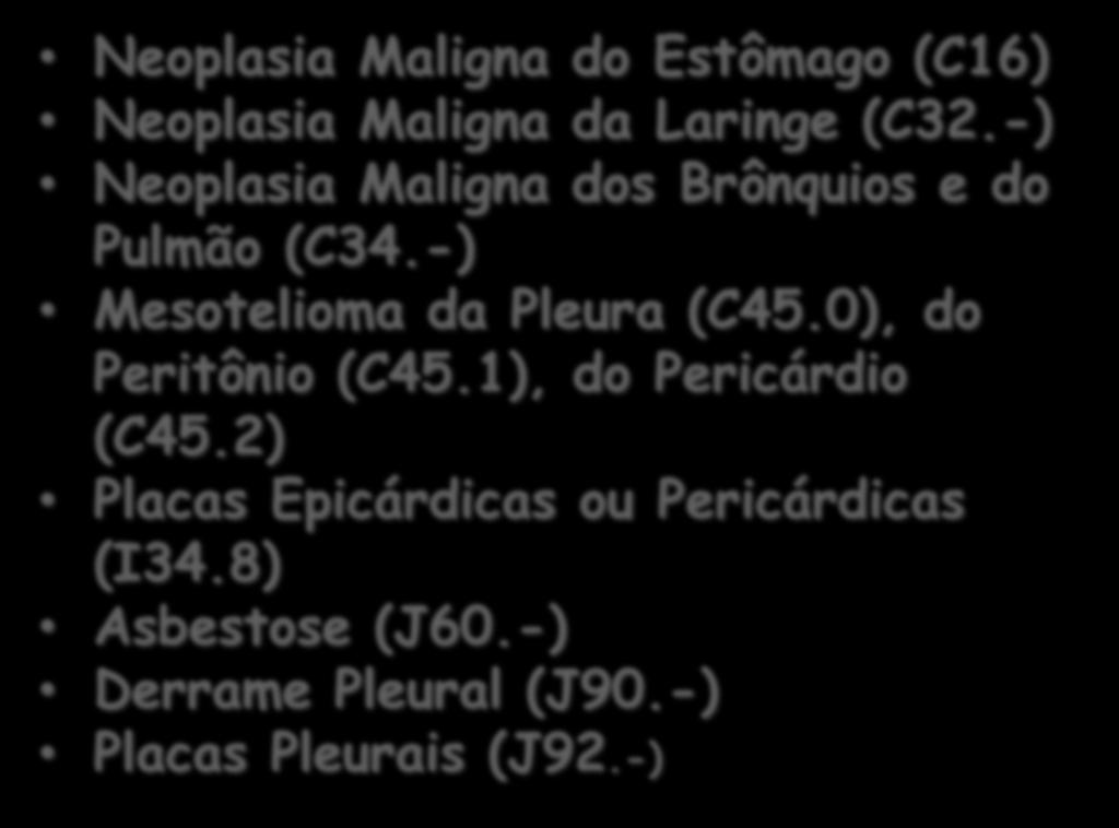 Lista A - Asbestos e amianto Neoplasia Maligna do Estômago (C16) Neoplasia Maligna