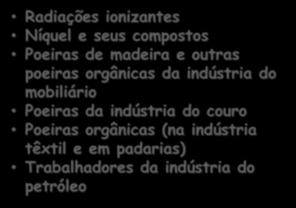 Lista B - Neoplasias de cavidades nasais e paranasais (C30-C31) Radiações ionizantes Níquel e seus compostos Poeiras de madeira e outras poeiras