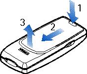 1. Remover a tampa posterior: Prima a patilha de retenção (1), faça deslizar a tampa (2) e retire-a levantando-a (3). 2.