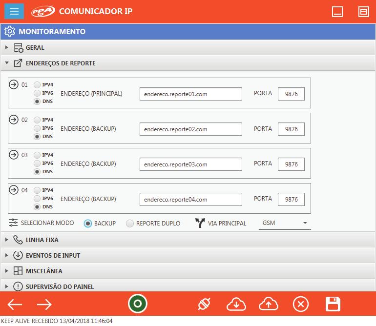 8.2.2. Endereços de Reporte VIA PRINCIPAL: Geralemente utilizado quando o equipamento está equipado com a opção de comunicação Ethernet, para o modelo GPRS selecionar sempre a opção GSM. 8.2.3.