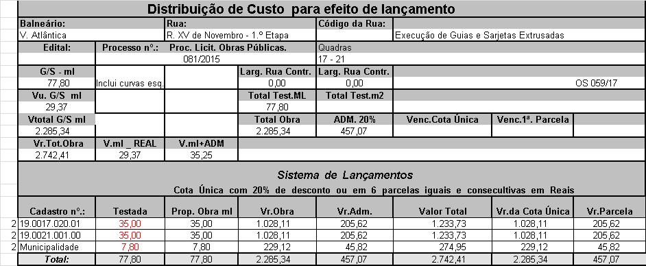 028 de 14 de novembro de 2002, ao contribuinte será facultado o pagamento da Contribuição e Melhoria, em até 06 (seis) parcelas mensais, ou em parcela